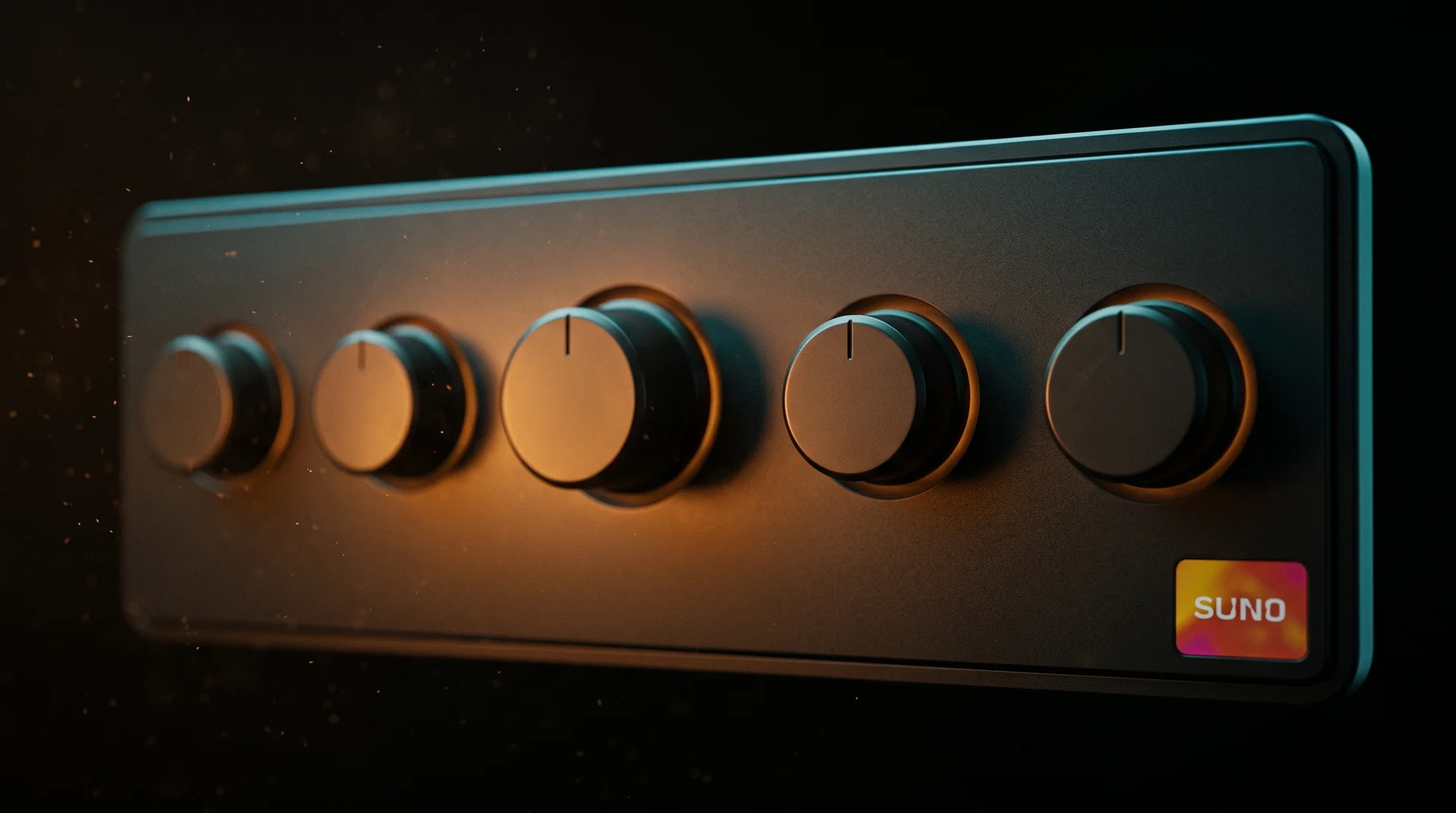 A dark audio plugin interface with five round control knobs in a row, glowing against a black background.