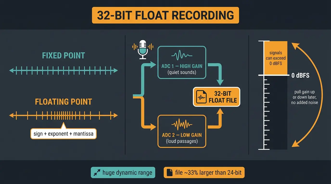 Infographic comparing fixed vs floating point and showing two ADCs merging into one 32-bit float file exceeding 0 dBFS.