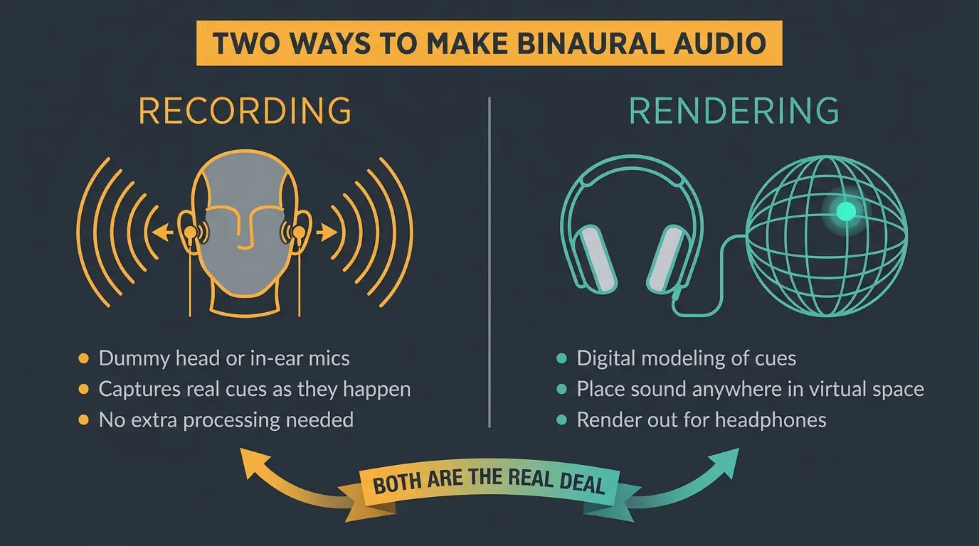 Two-panel infographic comparing binaural recording with a dummy head versus digital rendering for headphones.