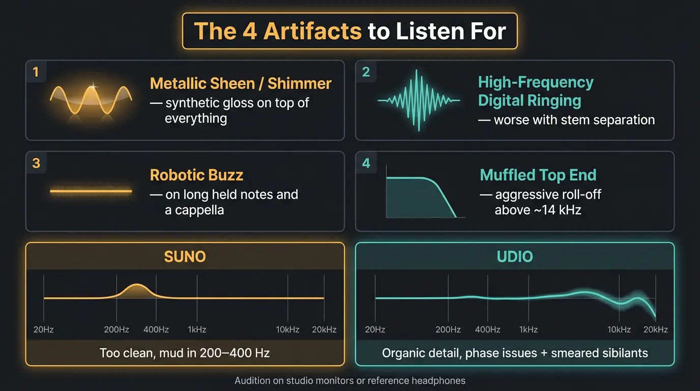 Infographic showing four AI vocal artifacts in a grid plus a Suno vs Udio frequency comparison.