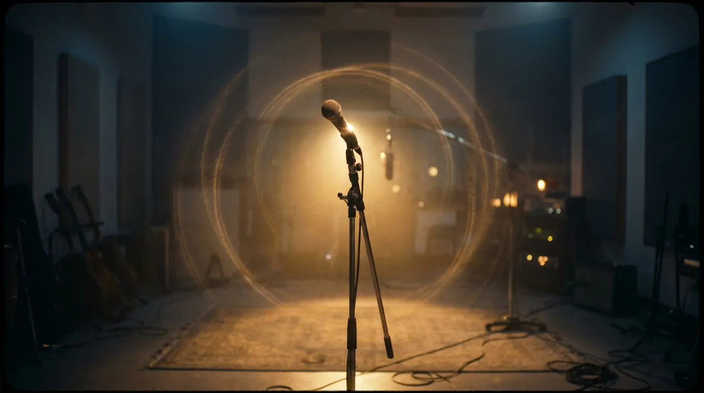A lone microphone in a dim studio glowing amber, rings of light rippling through hazy blue shadows.