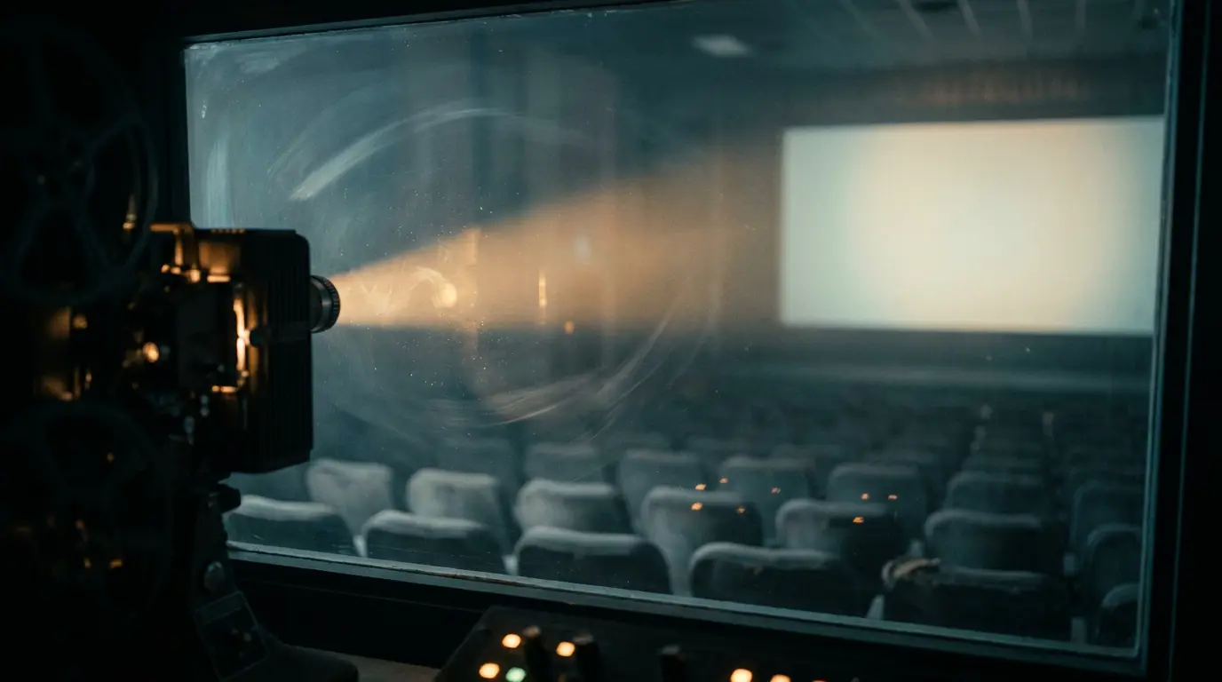 A projector beam cuts warm amber light through a dark empty theater toward a faint distant screen.