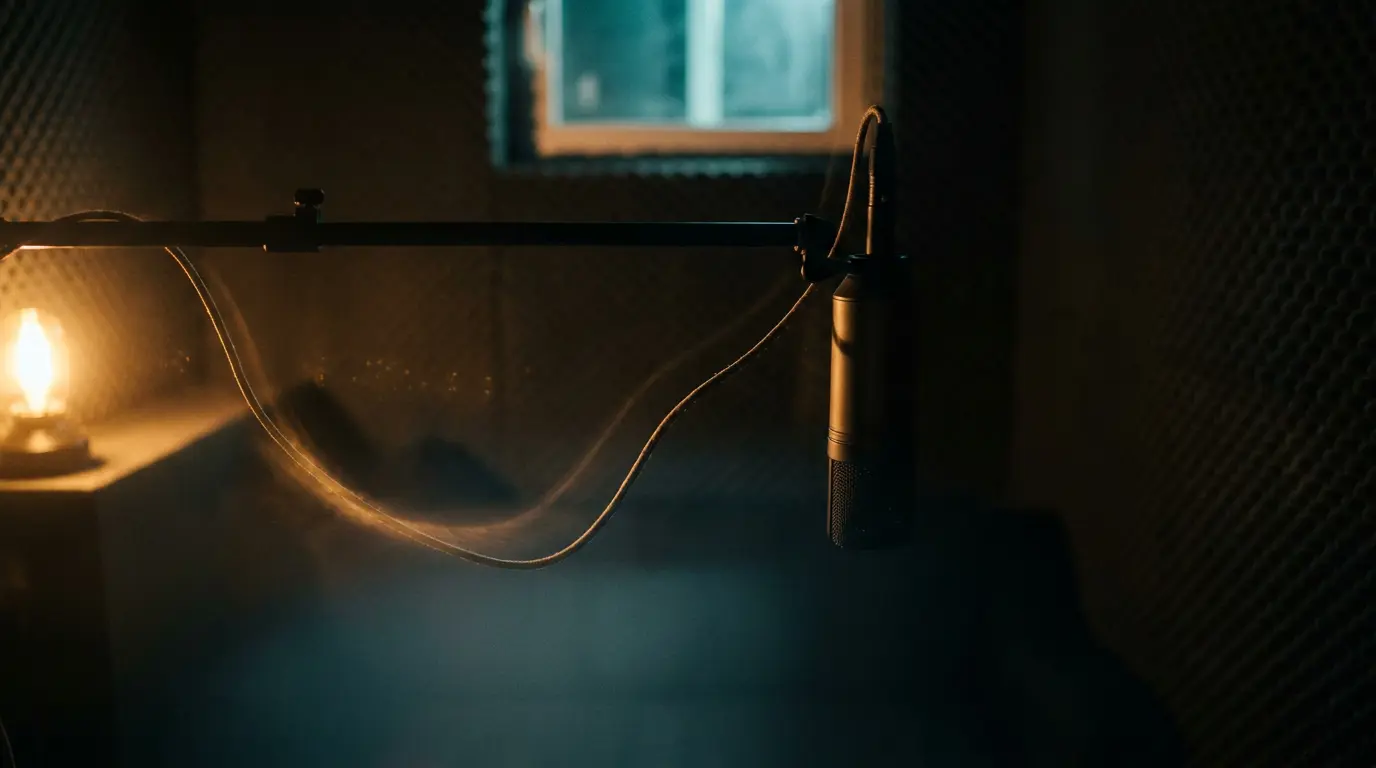 A dynamic microphone on a boom arm in a dark studio booth, its cable glowing warmly as it trails into shadow.