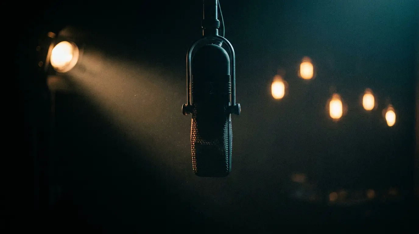 A vintage ribbon microphone hangs in a dark studio, lit by a single warm glow against cool shadows.