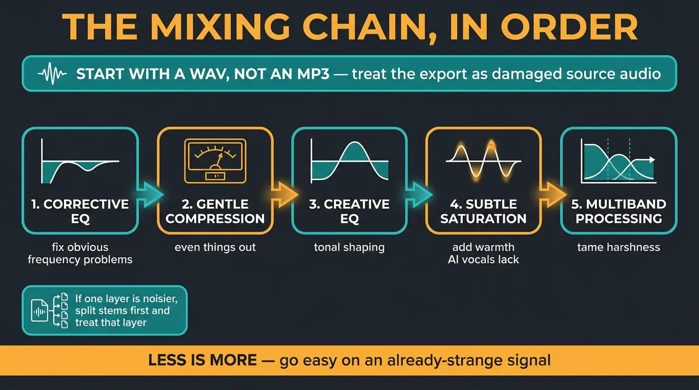 Infographic showing a 5-step vocal mixing chain: corrective EQ, compression, creative EQ, saturation, multiband.