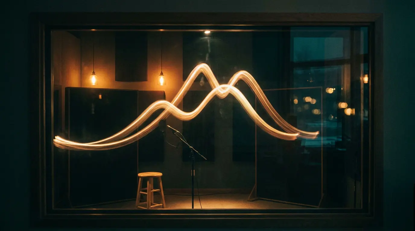 A glowing arc of light trails rising and falling across a dark studio booth with an empty stool under warm light.