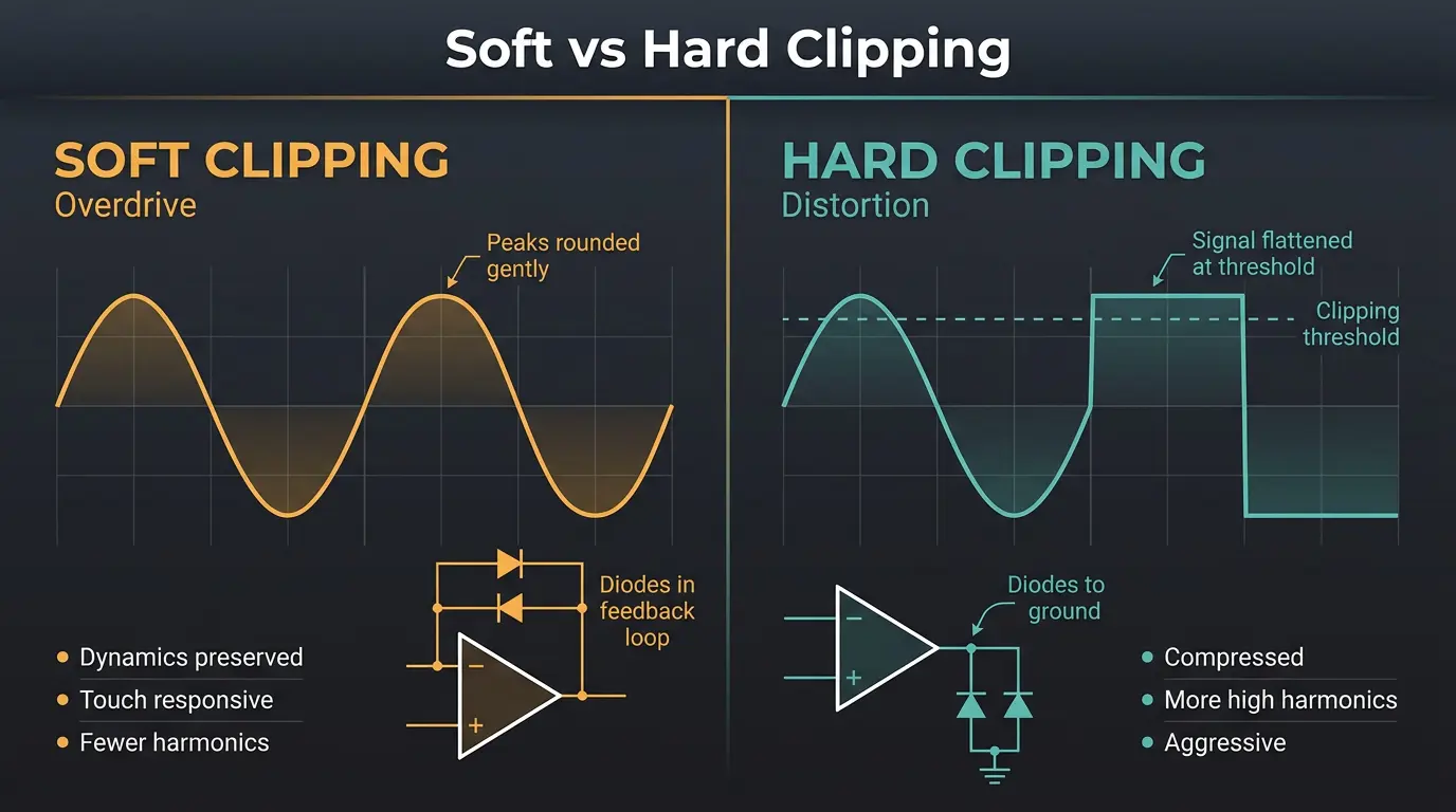 Infographic comparing soft clipping overdrive with rounded wave to hard clipping distortion with square wave, plus diode circ
