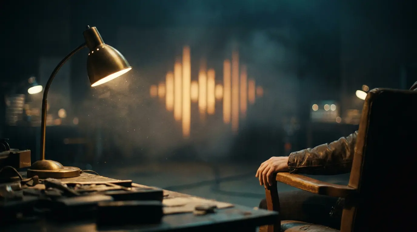 A dim studio at night, a hand on an empty chair with distant amber light bands glowing in blue shadow.