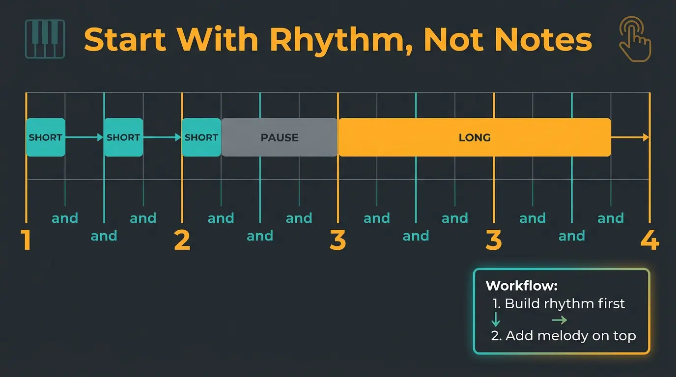 Infographic showing a 4/4 rhythm grid with 'short-short-short-long' hook pattern and a rhythm-first workflow.