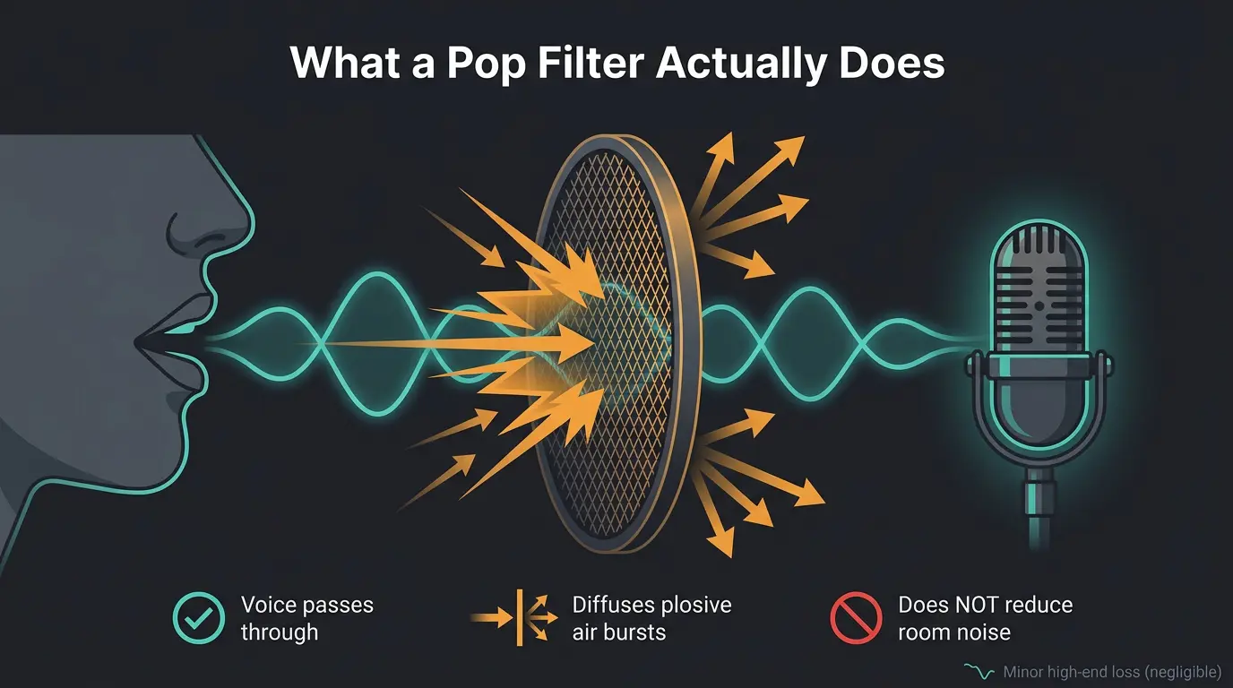 Diagram showing voice passing through a pop filter mesh while air plosive bursts are deflected before a mic.