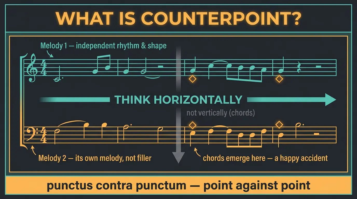 Infographic showing two independent melody lines, teal and amber, running horizontally with chords emerging where they align.