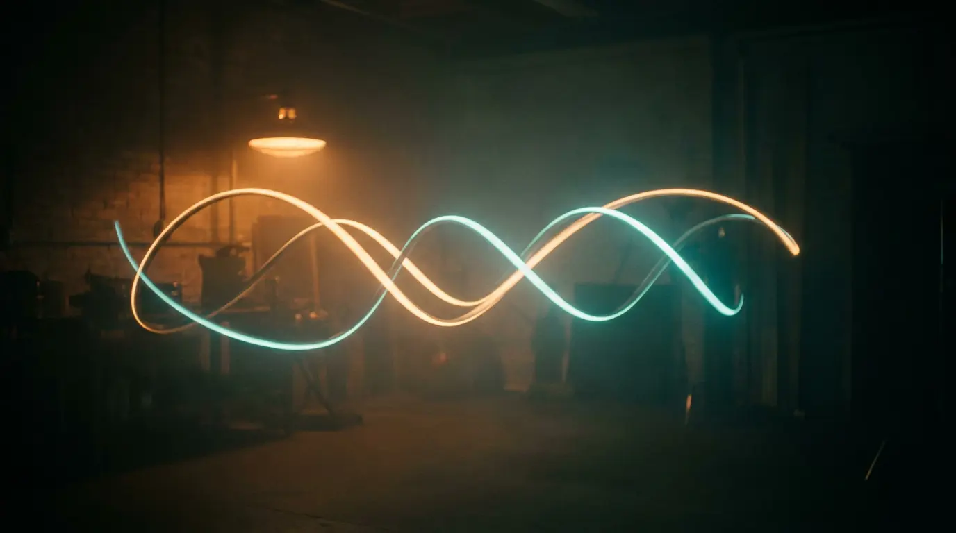 Two glowing light trails, amber and teal, weaving across a dark hazy studio room