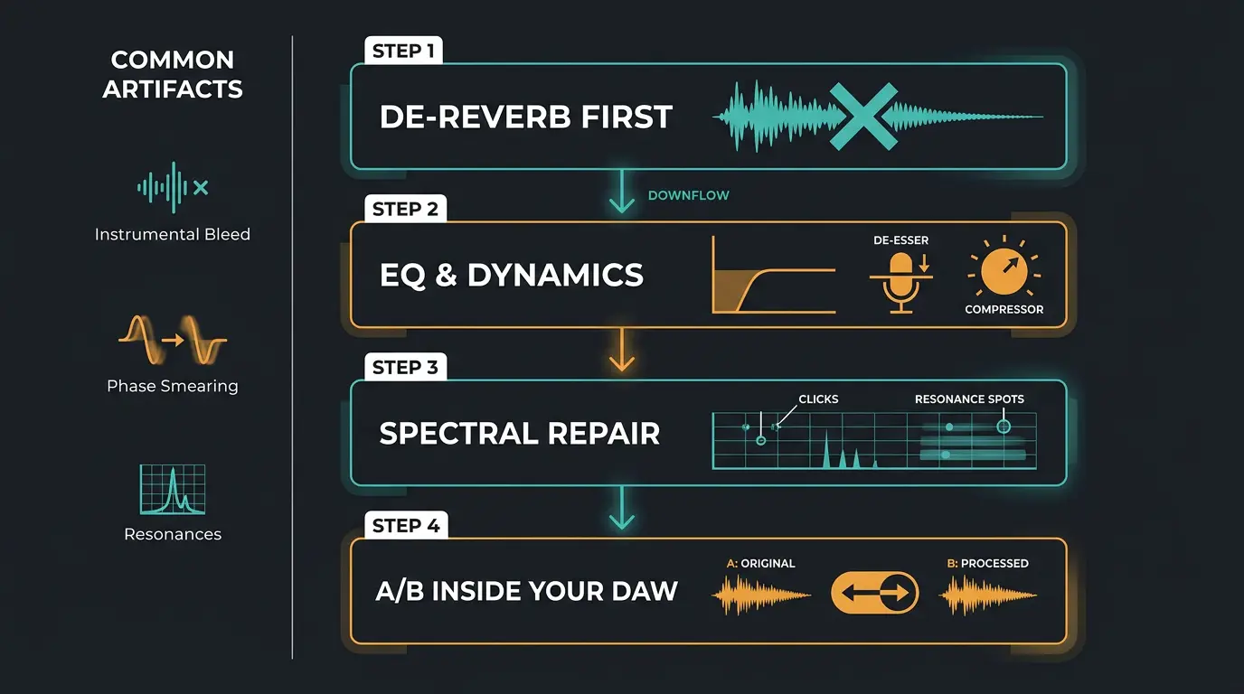 Infographic showing 4-step vocal cleanup order: de-reverb, EQ and dynamics, spectral repair, then A/B in a DAW.