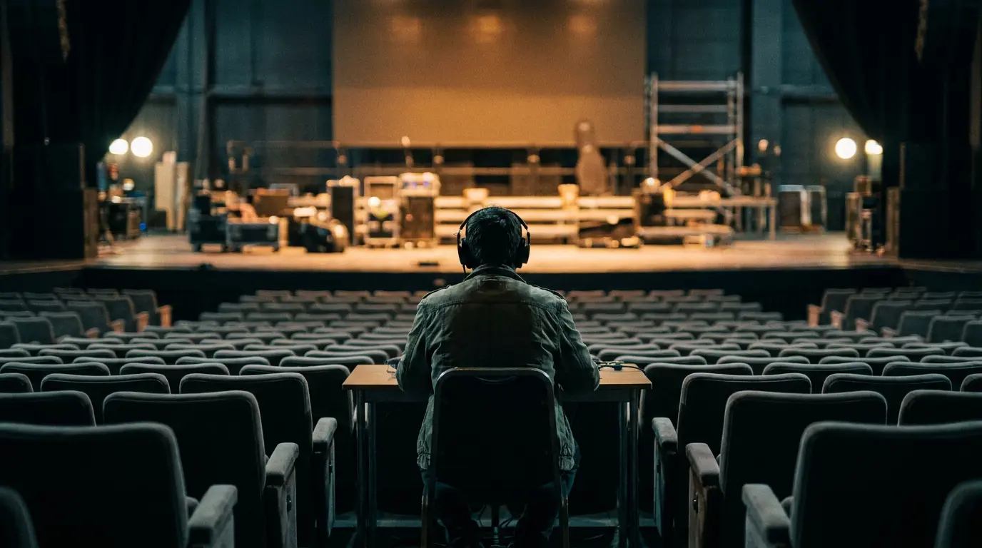 An engineer sits alone from behind in a dark concert hall, facing a warm amber-lit empty stage.