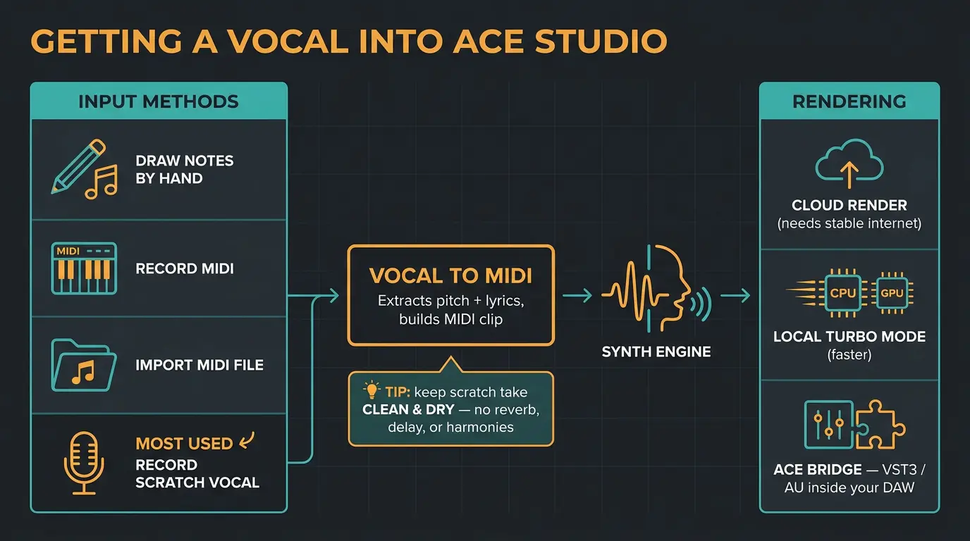 Infographic showing ways to input a vocal into ACE Studio, Vocal To MIDI conversion, and cloud, Turbo, and plugin rendering o