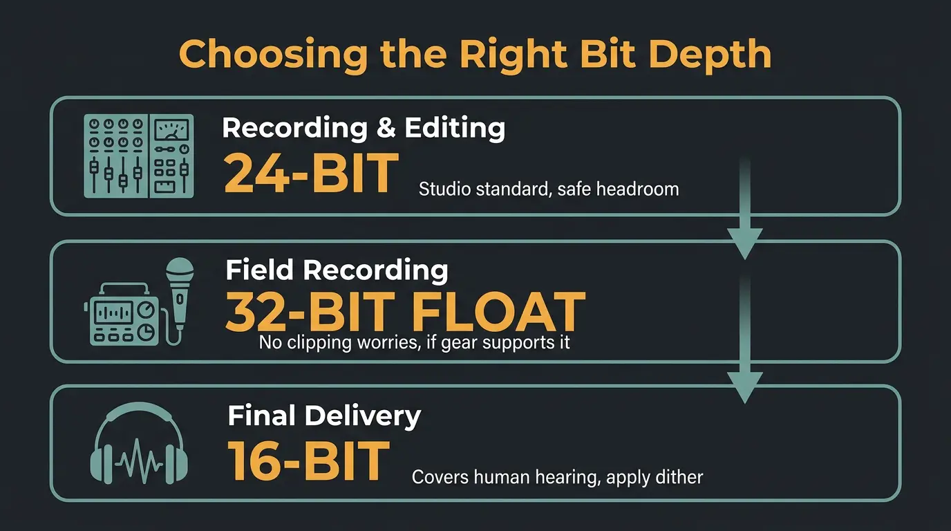Infographic showing three bit-depth choices: 24-bit for studio, 32-bit float for field, 16-bit for delivery.
