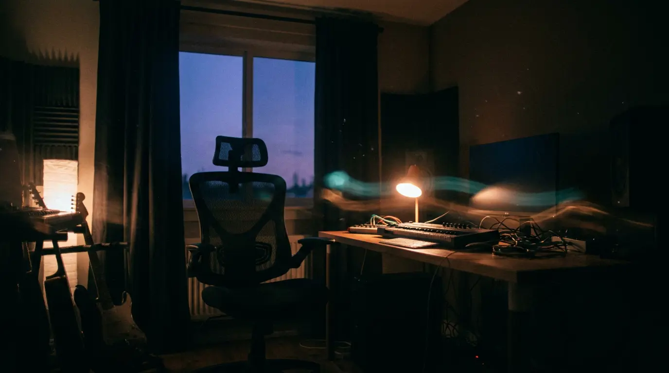 Dim studio at dusk, empty chair by a desk, warm lamp glow and drifting teal and amber light trails in shadow.