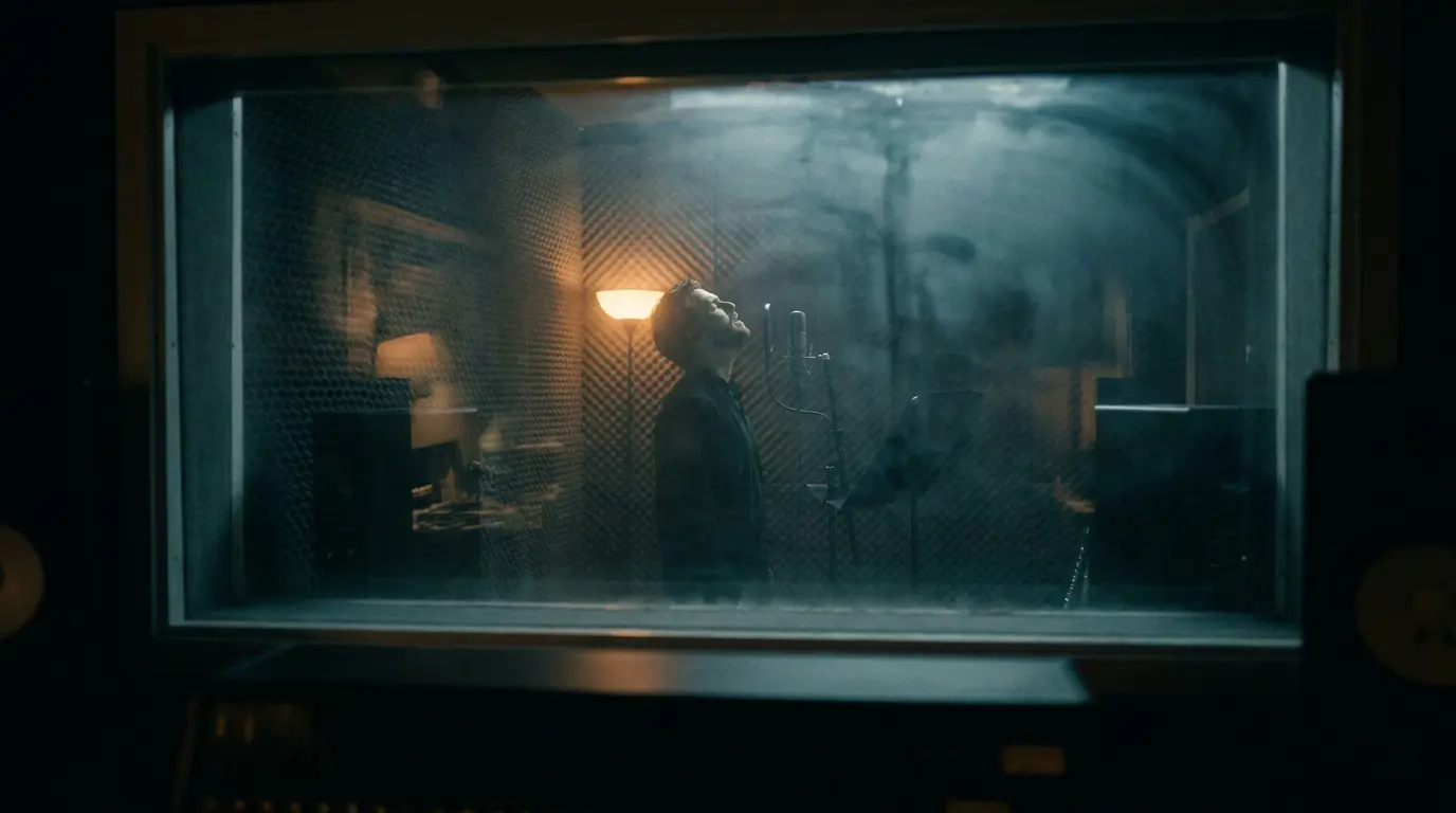 A singer's silhouette at a mic in a dim booth, seen through control room glass with warm lamplight and cool shadows.