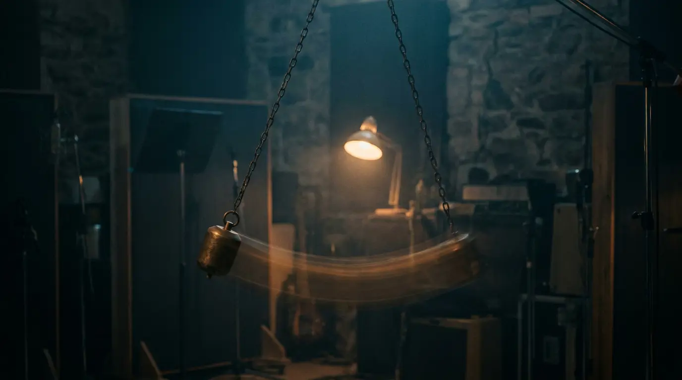 A brass pendulum swings through a dark room, its arc glowing amber against cool blue shadows and a distant warm lamp.