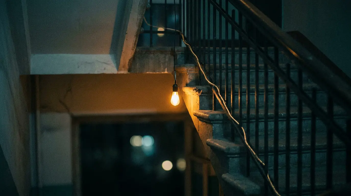 A dark stairwell with one step glowing amber amid cool blue shadows, light trailing down the banister.