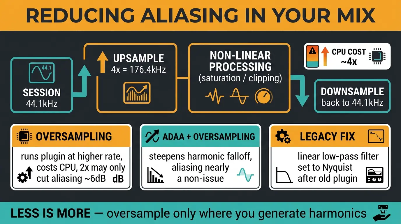 Infographic showing oversampling signal chain, ADAA, and legacy low-pass fix to reduce audio aliasing.