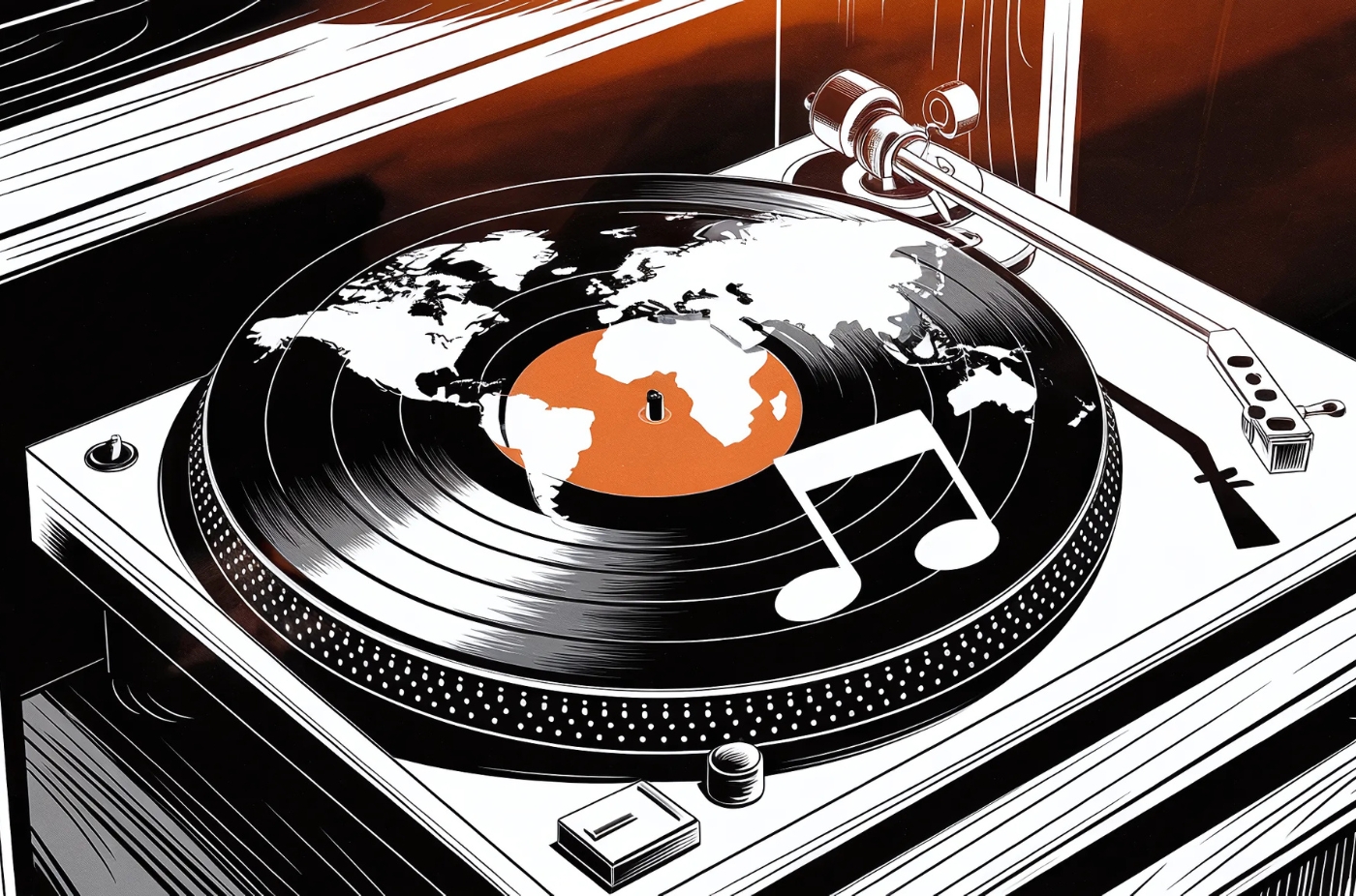 Record player with a world map on it representing international music.