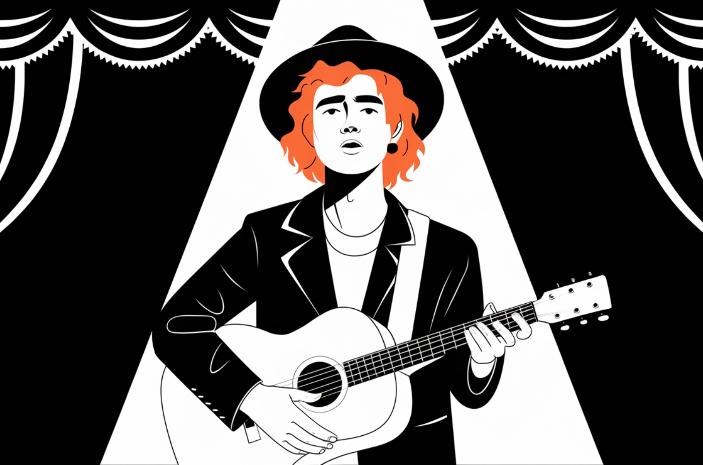 Singer songwriter with orange hair and an acoustic guitar performing.
