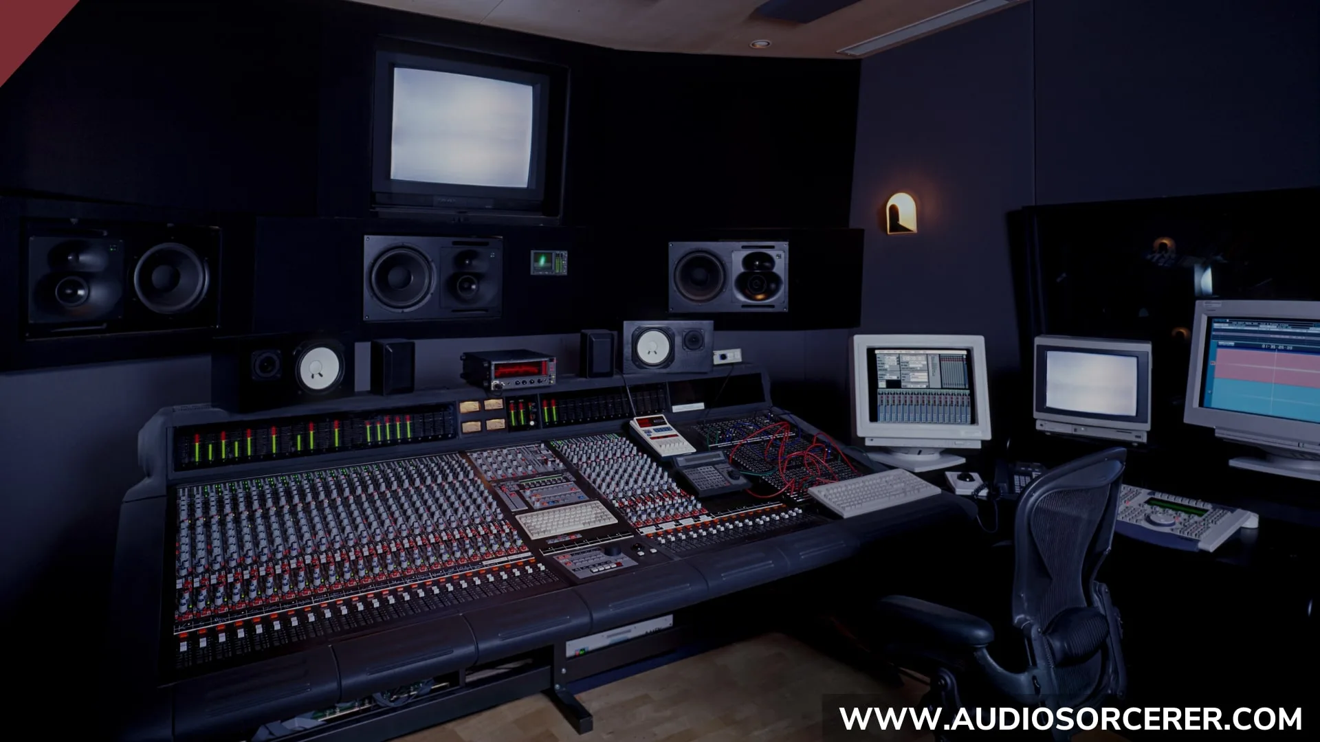 A recording studio with a large mixing console, monitors, several computer screens, a TV, and a chair.