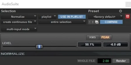 Pro Tools AudioSuite Normalize plugin.