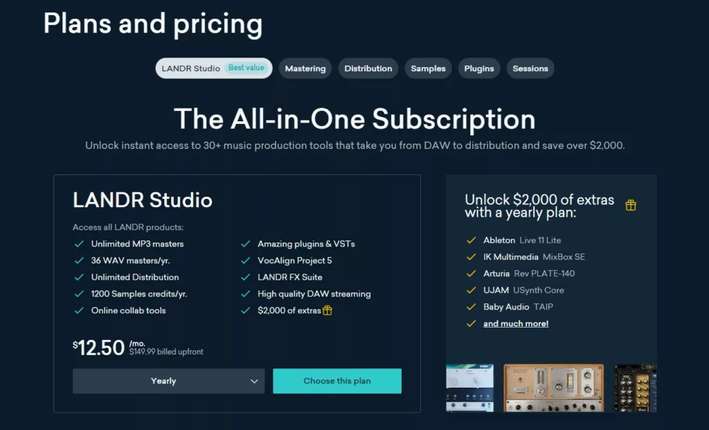 A graphic showing the pricing for LANDR Studio.