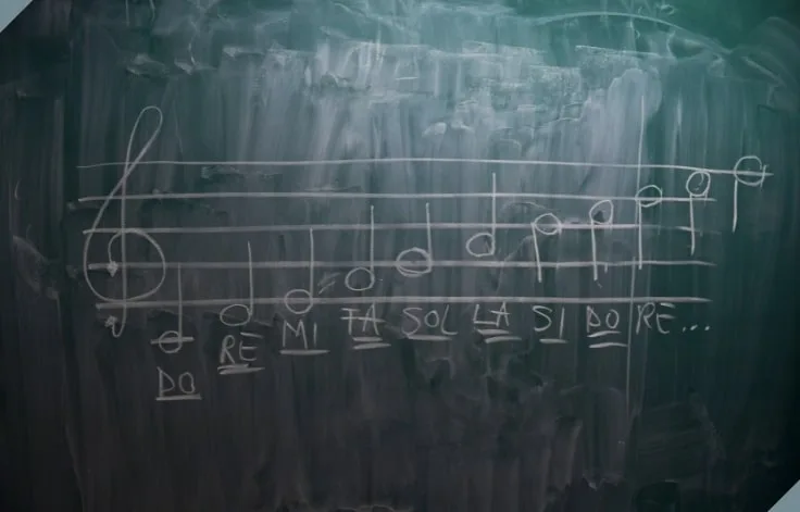 Picture of a chalkboard with a music scale drawn on it.