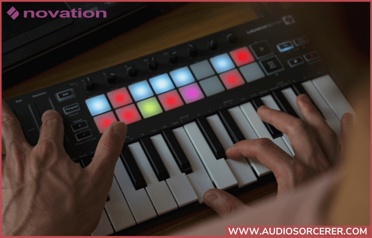 Promo picture of hands playing the Novation LaunchKey Mini MK3 MIDI controller.