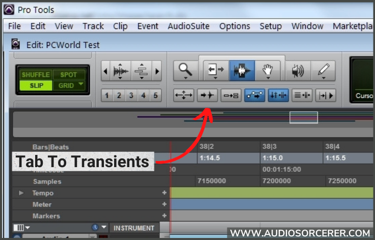 Avid Pro Tools session with a red arrow pointing at the tab to transients button.