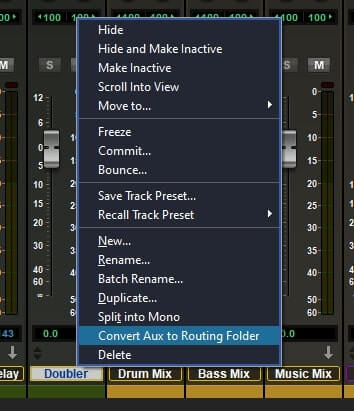 Popup in Avid Pro Tools with the option to Convert Aux To Routing Folder highlighted.