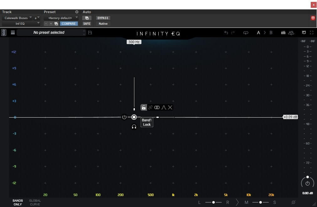 Slate Digital Infinity EQ showing a popup with the lock band option highlighted.