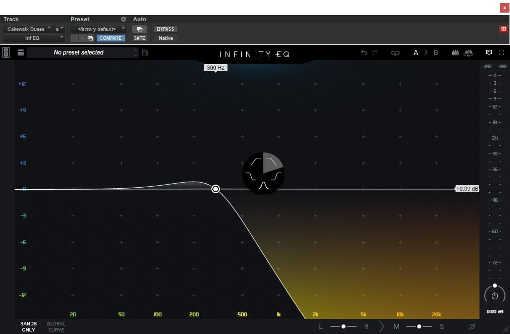 Slate Digital Infinity EQ with a low pass filter enabled showing the band options panel.