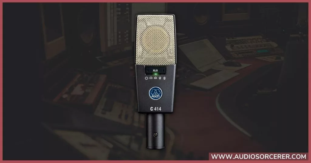 AKG C414 microphone with a recording studio in the background.