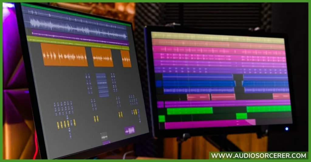 Recording studio with dual screen monitors showing MIDI data on them.