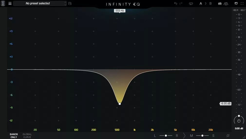 A notch filter set in the Slate Digital Infinity EQ audio plugin.