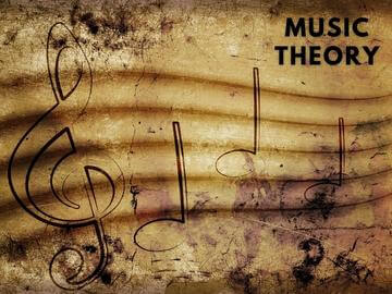 A musical staff written on old paper showing the words "music theory".