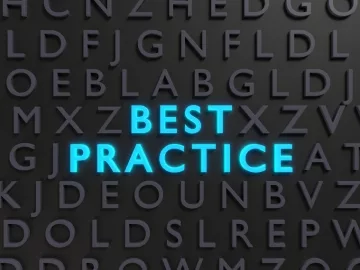 The phrase "best practice" lit up in blue with a bunch of letters behind it.