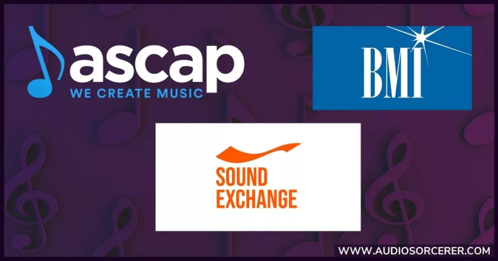 Logos of ASCAP, BMI, and SoundExchange with musical notes in the background.