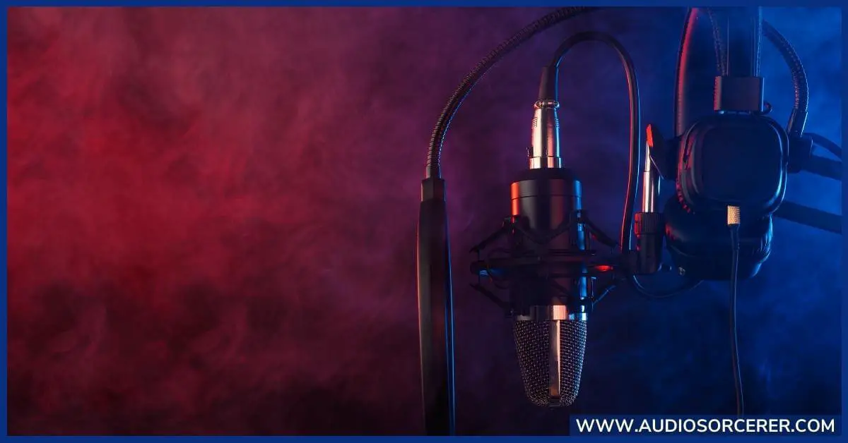Condenser microphone on a stand with a pop filter and headphones close by.