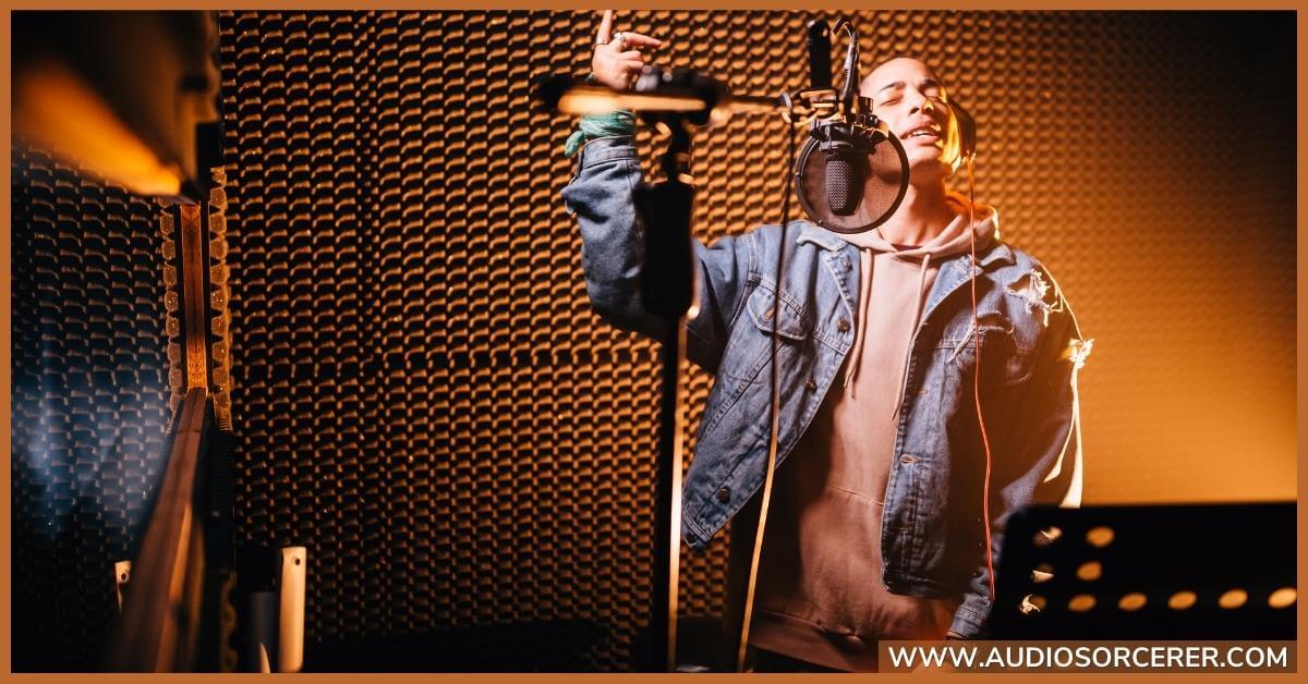 Music artist in the studio in front of a microphone laying down tracks.