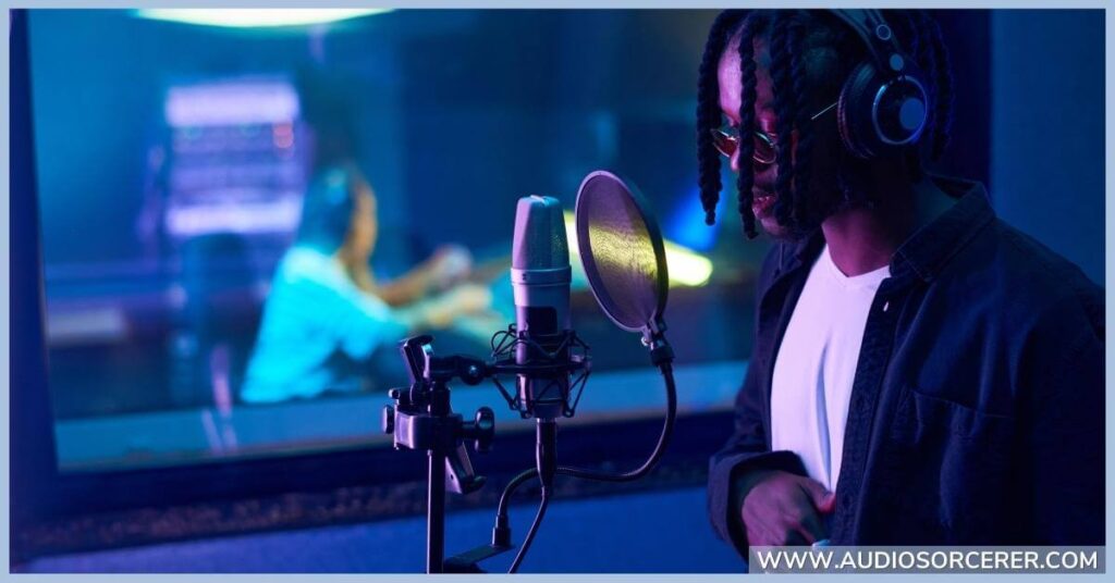 Music artist laying down rap vocal tracks in a recording studio.