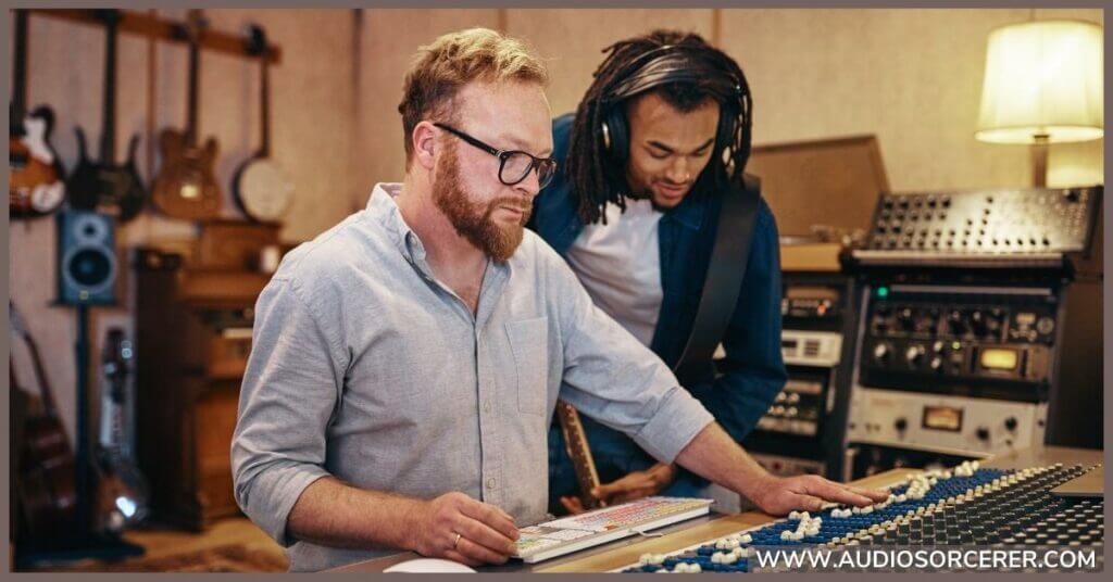 A producer in a recording studio in front of a mixing console with a musician looking over his shoulder.