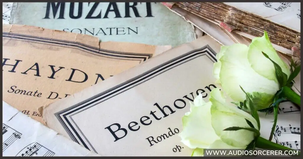 Sheet music pieces by Mozart and Beethoven representing the Aeolian mode in music.