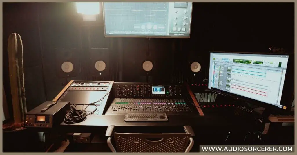 A recording studio with a mixing console, audio equipment, and multiple screens.