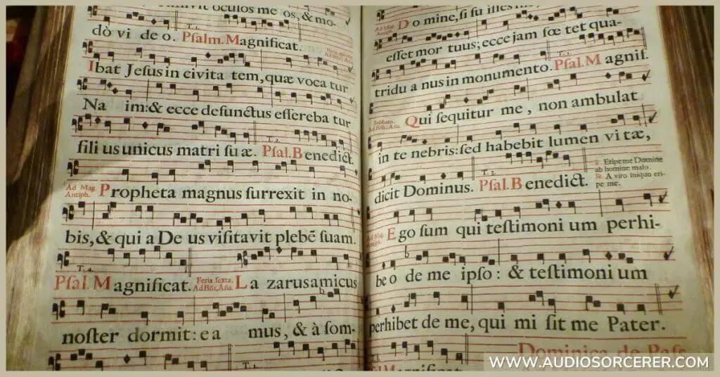 Old sheet music of gorgonian chants.