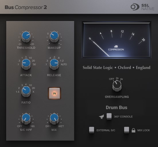 SSL Native Bus Compressor 2 set-up with my personal drum bus compression settings.